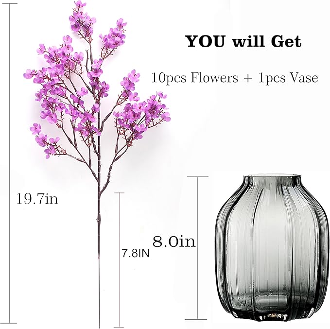 10pcs Babys Breath Artificial Flowers With Vase Gypsophila Bouquet Bulk Fake Spring Silk Flowers Real Touch Faux Floral for Home Bedroom Kitchen Garden Wedding Christmas DIY Decor (Purple)