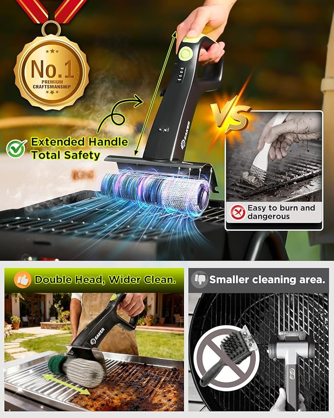 Saker Electric Grill Brush for Outdoor Grill, Bristle-Free Automatic Grill Cleaning Brush with 450 RPM & LED Light, Grill Rescue BBQ Brush Set with 3 Interchangeable Heads