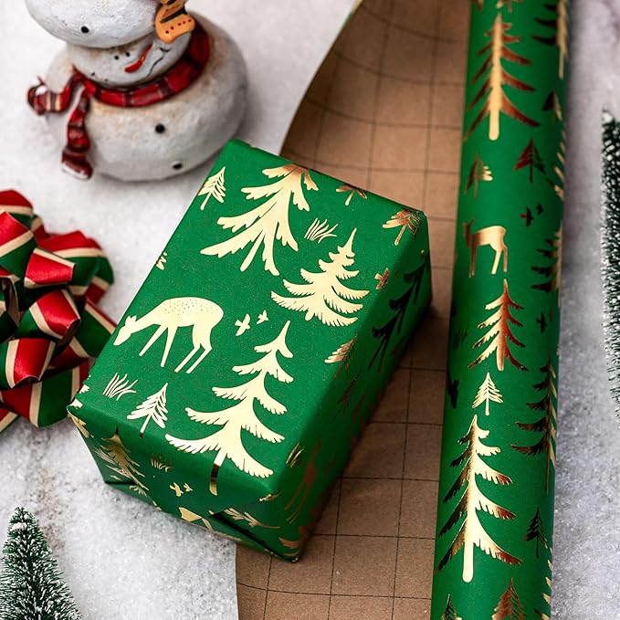 Yarcony Christmas Wrapping Paper Roll, Green Gift Wrapping Paper, Recycled Festive Gold Foil Reindeer, Winter Tree Theme Thick Kraft Christmas Gift Wrap for Winter Celebration (17 Inch X 33 Feet)