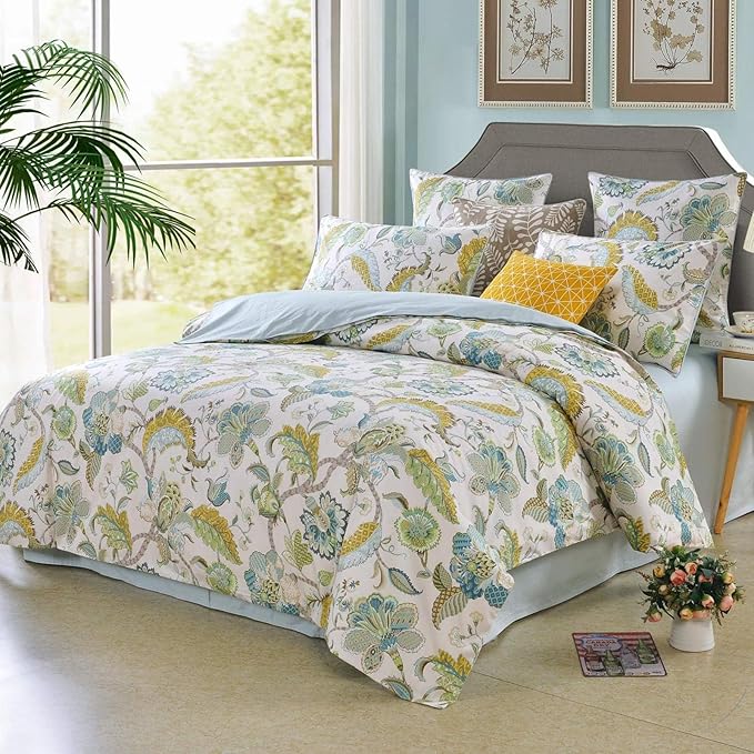 mixinni Cotton Print Paisley Duvet Cover for Queen Size Bed Green Floral Duvet Cover Set Reversible Design Blue Bedding Set 1 Duvet Cover 2 Pillowcases for Him and Her- (3pcs, Queen Size)