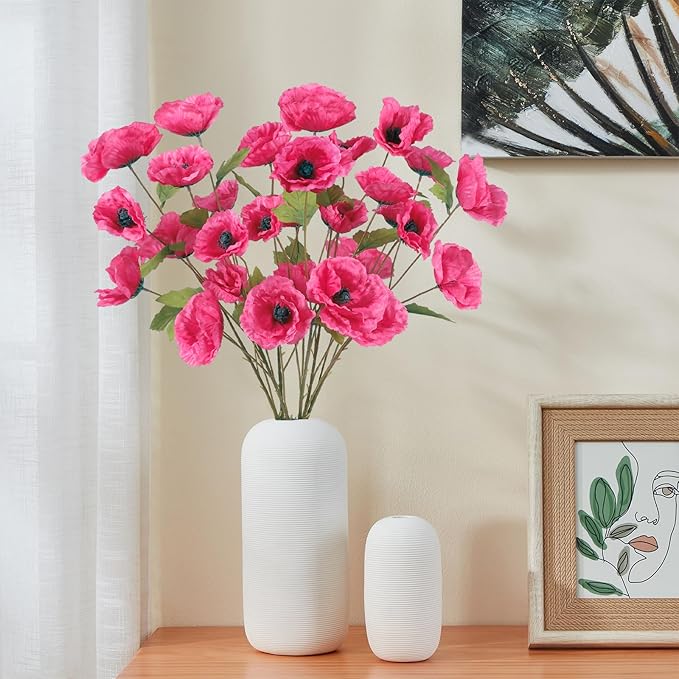 Poppies Flowers Artificial Silk Flowers 6PCS 32in Artificial Poppies Flowers for Wedding Home Party Table Centerpiece Arrangement Decoration (Hot Pink)