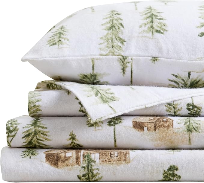 Market & Place 100% Cotton Full Flannel Sheet Set | 4 Piece Deep Pocket Novelty Cozy Winter Bed Sheets | Double Brushed for Extra Softness & Comfort | Alpine Collection (Full, Watercolor Forest)
