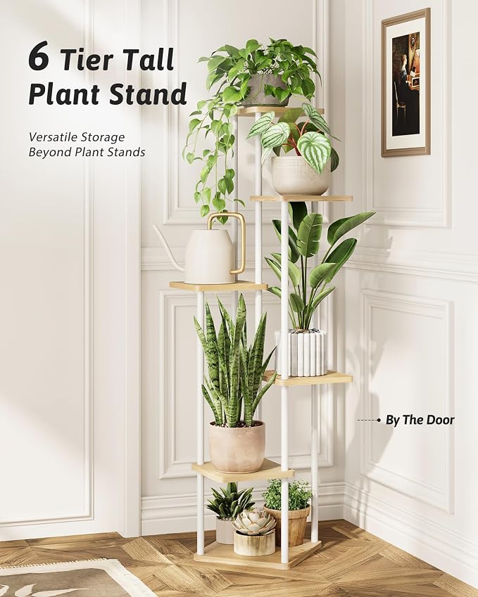 GENTINGBRO Tall Plant Stand Indoor 6 Tiered Plant Shelf for Multiple Plants Coner Shelf Stand Wood Plant Stand Metal Shelving for Living Room Bedroom Balcony Patio White