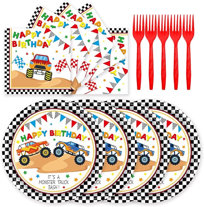 72Pcs Racing Car Party Plates and Napkins Monster Truck Birthday Party Supplies Disposable Checkered Race Tableware Set for Boys Birthday Wheel Sports Baby Shower Decorations Serves 24