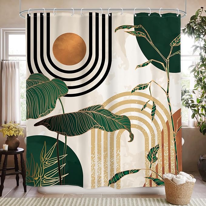 Glawry Extra Long Shower Curtain 72Wx84L Inches Boho Abstract Mid Century Green Tropical Palm Tree Bathroom Minimalist Modern Aesthetic Geometric Bath Accessories Art Home Decor Fabric 12 Pack Hooks