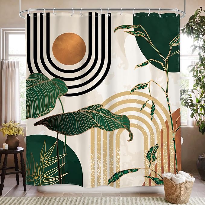 Glawry Abstract Mid Century Shower Curtain Green Retro Boho Tropical Palm Tree Sun Arch Bathroom Modern Minimalist Aesthetic 72Wx78L Inches Bath Accessories Art Home Decor Fabric 12 Pack Hooks