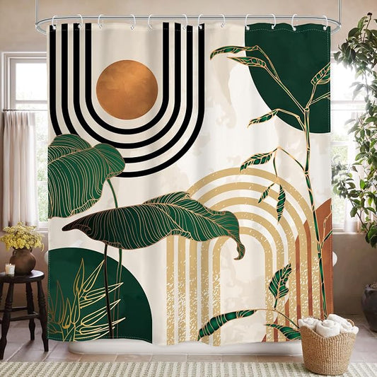 Glawry Abstract Mid Century Shower Curtain Green Retro Boho Tropical Palm Tree Sun Arch Bathroom Modern Minimalist Aesthetic 72Wx78L Inches Bath Accessories Art Home Decor Fabric 12 Pack Hooks