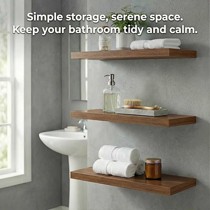 SAUMONIERES Floating Shelves Wall Shelf Solid Wood for Bathroom Bedroom Kitchen Storage Set of 3, Walnut Wall Shelves