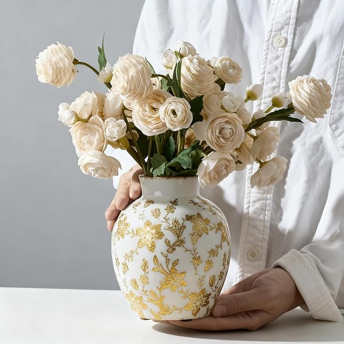 SIDUCAL Ceramic Vintage Vase, 5.83 Inch Retro Ice Cracked Chinoiserie Floral Vase, Rustic Farmhouse Vases for Home Decor, Bookshelf, Garden, Chinoiserie Decor, Tuscan Decor, Brown Floral Pattern