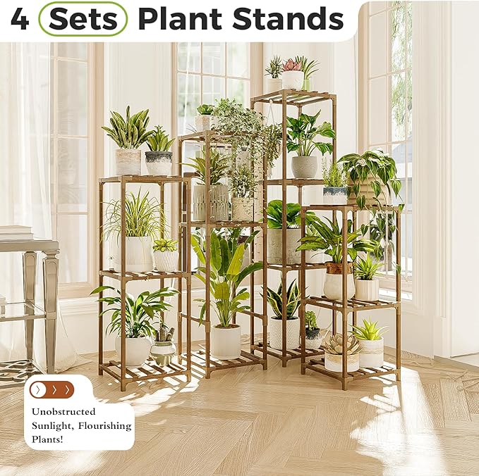 Bamworld Tall Plant Stands Indoor 4 Sets Plant Shelves Outdoor Wooden Plant Holder for Multiple Plants Flower Stands for Living Room Balcony Garden Patio Lawn Window