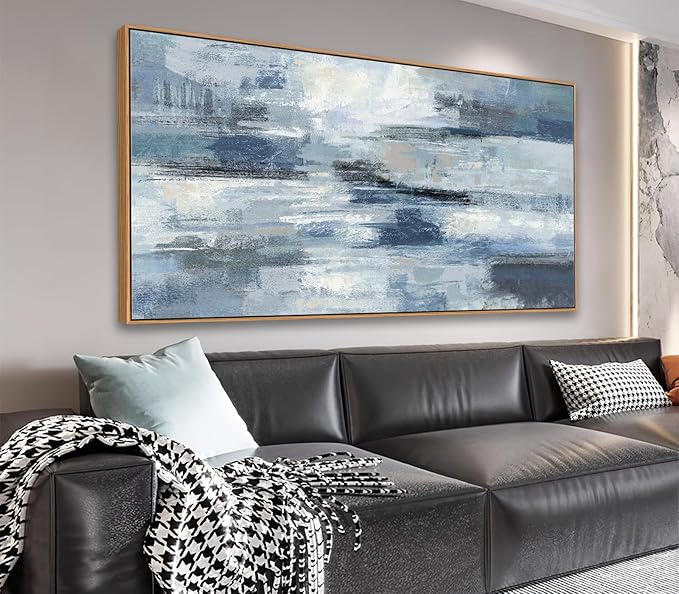 Indigo Framed Wall Art Abstract Ocean Canvas Pictures Blue White Grey Painting Vintage Wall Decor Modern Artwork Prints for Living Room Bedroom Bathroom Office Home Decoration 20"x 40"