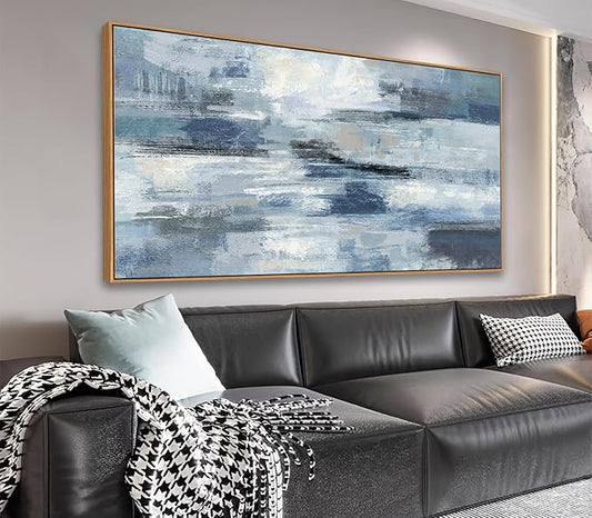 Indigo Framed Wall Art Abstract Ocean Canvas Pictures Blue White Grey Painting Vintage Wall Decor Modern Artwork Prints for Living Room Bedroom Bathroom Office Home Decoration 20"x 40"