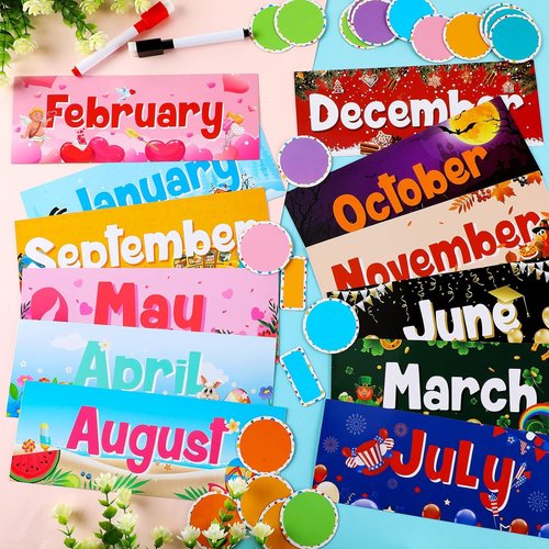 Geyee 52 Pcs Magnetic Holiday Monthly Headliners - 12 Month Headers & 31 Writable Accents
