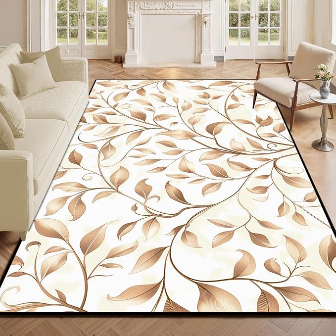 Botanical Leaf Vine Area Rug Beige Floral Branch Print Rug for Bedroom Living Room Kitchen Nursery Playroom Home Decor Non-Slip Washable Floor Mat Modern Farmhouse Carpet,6'x9'