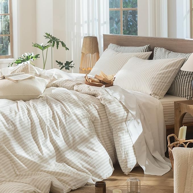 MooMee Striped Duvet Cover Set 100% Washed Cotton Linen Like Textured Breathable Durable Soft Comfy (Almond Milk Grey Classic Stripes, Queen 90"x90")