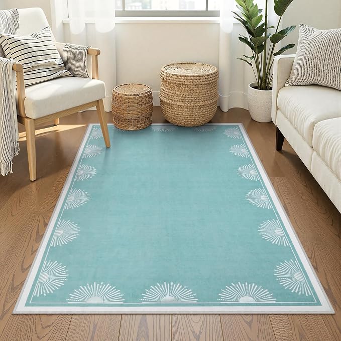 Hedlive Washable 3x5 Toddler Rug, Soft Low Pile Baby Blue Nursery Area Rugs for Boys and Girls, Sun Print Floor Carpet for Kid Baby Room Bedroom Playroom Classrooom Dorm(3'x5',Baby Blue)