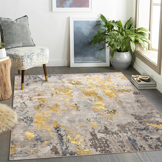 vivorug 5x7 Area Rugs - Ultra-Thin Washable Rug with Non-Slip Backing, Ideal for Living Room, Bedroom, Kitchen Floor Carpet - Modern Abstract, Easy Clean, Durable, Low Pile Grey/Mustard