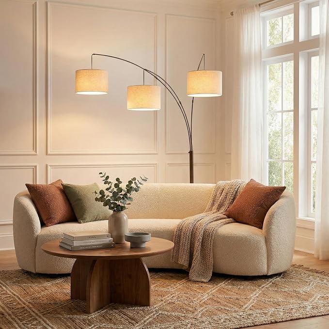Brightech Trilage Arc Floor Lamp - Large Standing Lamp with 3 Fabric Shades & LED Bulbs for Living Room Over the Sofa, Reading, Multi-Head Traditional Tree Floor Lamp for Bedroom - Oil Rubbed Bronze
