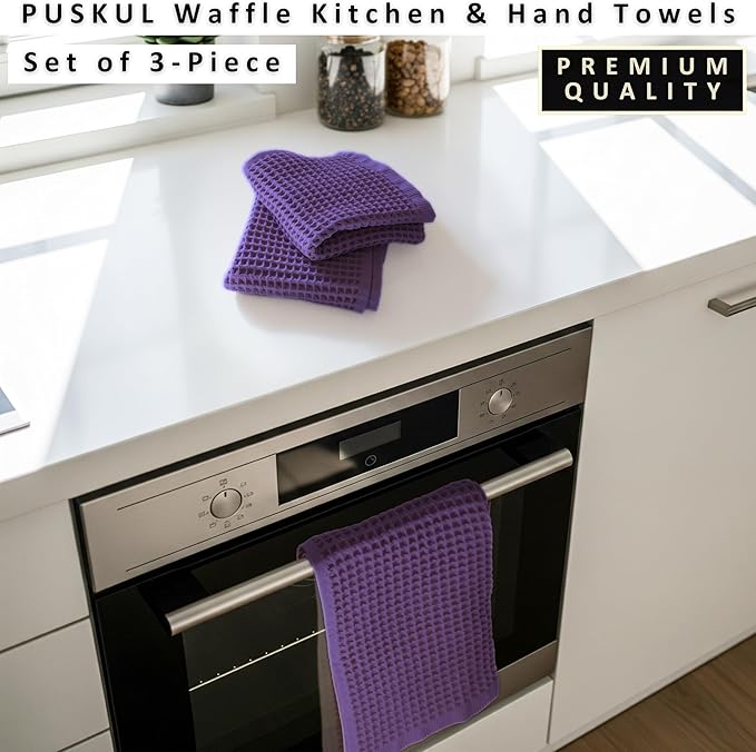 PÜSKÜL Natural 100% Turkish Cotton Waffle Kitchen Towels Set of 3 | Oeko-Tex, Premium Waffle Hand Towels for Bathroom | Soft Absorbent Quick-Dry Lint-Free Dish Towel Large 32x16 inch (3, Lilac)