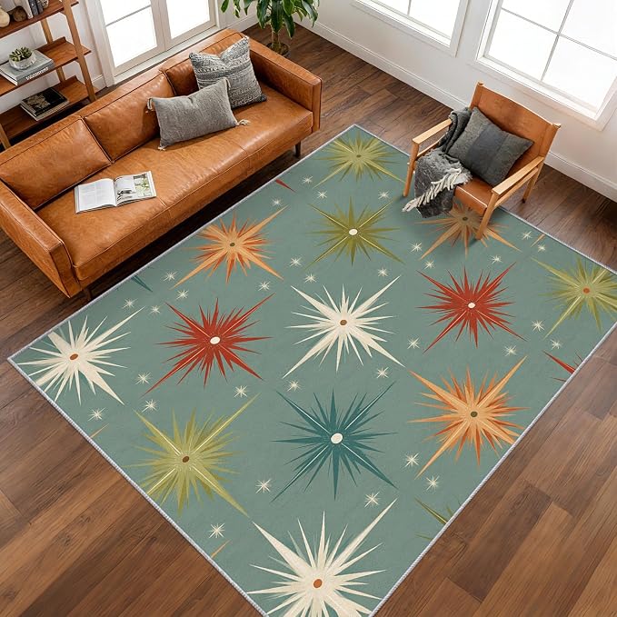 Mid Century Modern Rugs for Entryway, 2x3 ft, Retro Atomic Geometric Area Rugs for Bedroom Kitchen Entrance, Soft Non Slip Washable 1950s MCM Starburst Indoor Door Mat Home Decorations D-g48