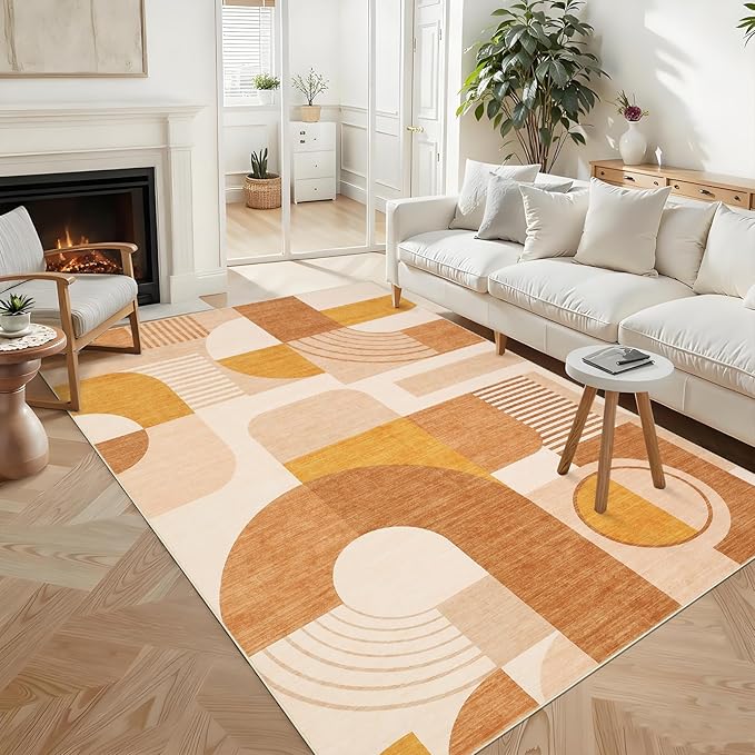 CAROMIO 9x12 Area Rug for Living Room Washable, Boho Geometric Large Bedroom Rugs Soft Low Pile Non-Slip Indoor Rugs for Playroom Dining Room Dorm Girls, Orange Multi, 9'x12'