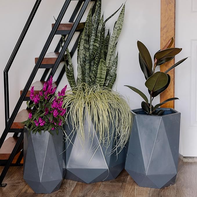 Beuta Large Planters for Outdoor Plants - Set of 3, 15.5/18/20 Inches Outdoor Planters for Porch - Tall Planter for Outdoor & Indoor Plants | Large Indoor Plant Pot - USA Made - Grey