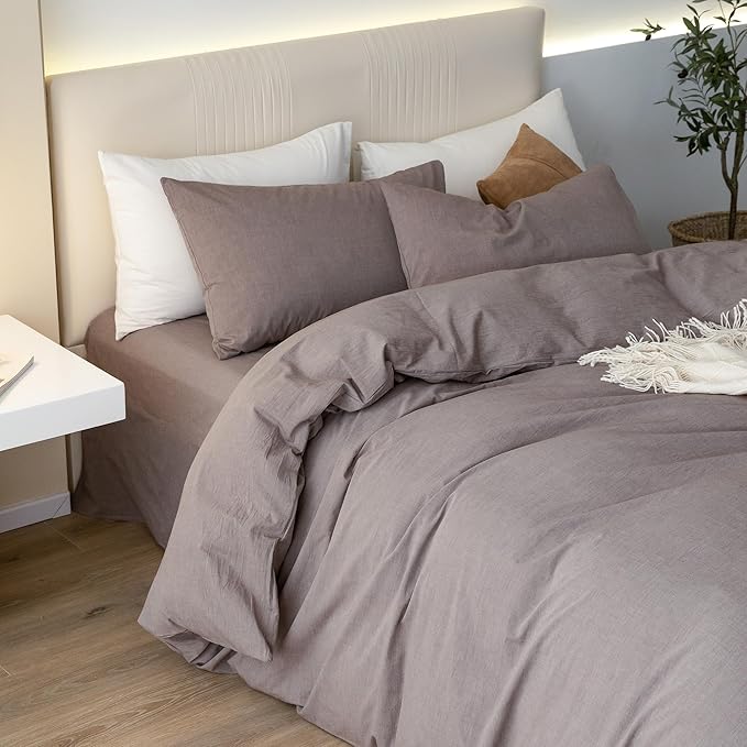 JIYUAN 100% Washed Cotton Duvet Cover Set 3 Pieces Oversized Queen, 1 Duvet Cover 98x98 Inches(Comforter Not Included) and 2 Pillowcases,Linen Like Comfy and Breathable, Heathered Mauve Brown