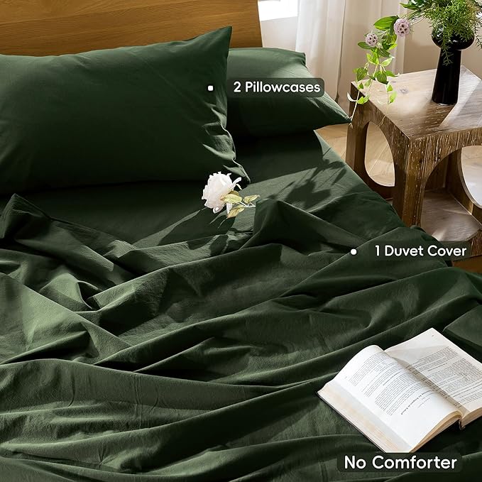 MooMee Bedding Duvet Cover Set 100% Washed Cotton Linen Like Textured Breathable Durable Soft Comfy (Solid Forest Green, Super King 108"x98")