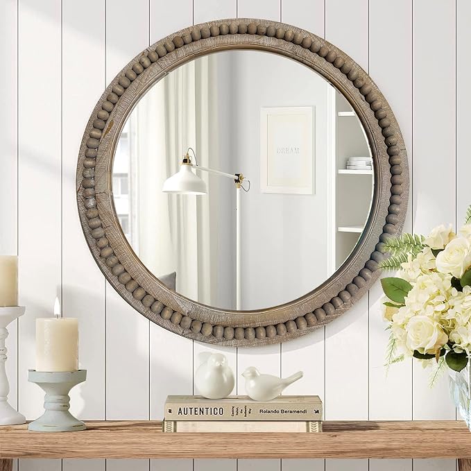 dwellington Rustic Round 24 Inch Wood Wall Circle Mirror with Beads, Decorative Farmhouse Mirror for Living Room, Bedroom, Kitchen, Entryway (Natural)