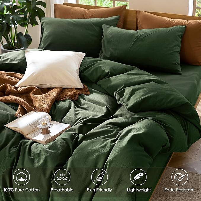 MooMee Bedding Duvet Cover Set 100% Washed Cotton Linen Like Textured Breathable Durable Soft Comfy (Solid Forest Green, Twin 68"x90")