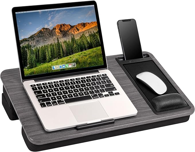 LAPGEAR Extra Large Adjustable Lap Desk – Fits Laptops up to 17.3”, Adjustable Cushion, Memory Foam Wrist Rest, Mouse Pad, Device Ledge, & Phone Slot – Gray Woodgrain - Style No. 88105