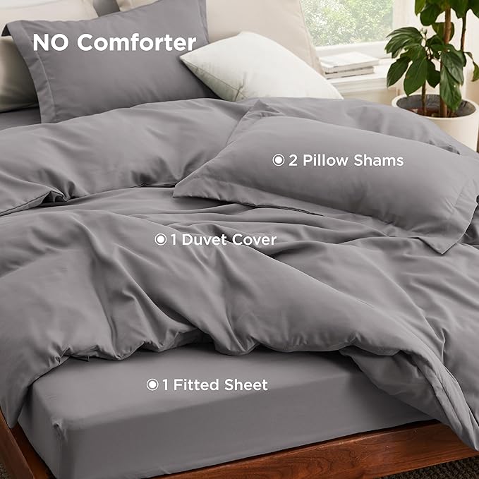 Bedsure Duvet Cover with Fitted Sheet Twin/Twin XL - Deep Pocket, Hotel Luxury Soft Double Brushed Bedding Set with Zipper Closure, 1 Duvet Cover, 1 Fitted Sheet, 1 Pillow Shams, NO Comforter, Grey