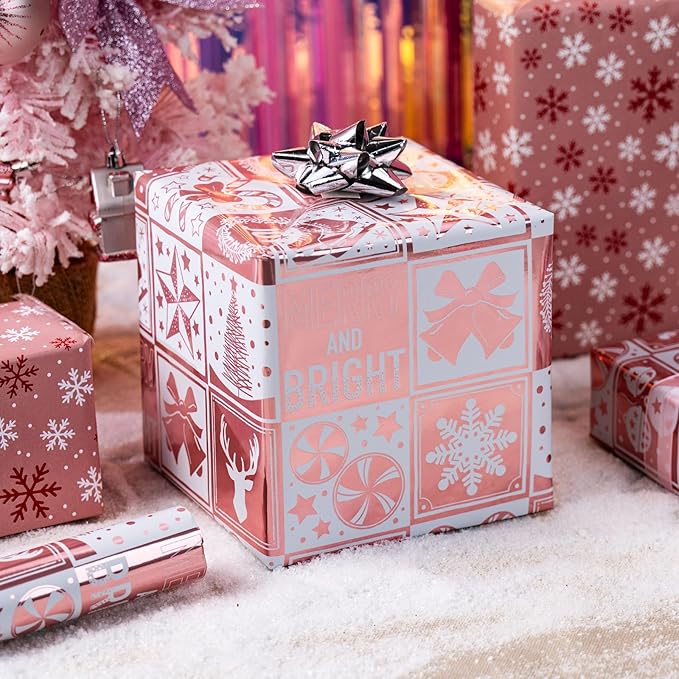 MAYPLUSS Christmas Wrapping Paper Roll, 17 Inch X 16.5 Feet Gift Wrapping Paper Featuring Gold Rose Deer Cane Candy Bell Gloves Reversible Snowflake, Thick Wrap Paper for Holiday Party New Year Kids