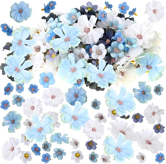Geosar 120 Pcs Small Flowers for Crafts Mini Faux Flowers Artificial Silk Fabric Floral Arrangement Decor for DIY Wreath Bouquets Wedding Shower Home Decor(Blue,Fresh Style)