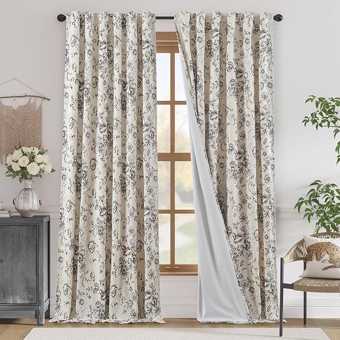 jinchan Blackout Linen Blend Curtain Floral Blackout Curtains for Living Room 96 Inch Length Black Printed with Lined Blackout Curtain for Bedroom Farmhouse Curtains Set 2 Panels