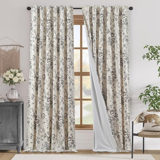 jinchan Blackout Linen Blend Curtain Floral Blackout Curtains for Living Room 96 Inch Length Black Printed with Lined Blackout Curtain for Bedroom Farmhouse Curtains Set 2 Panels