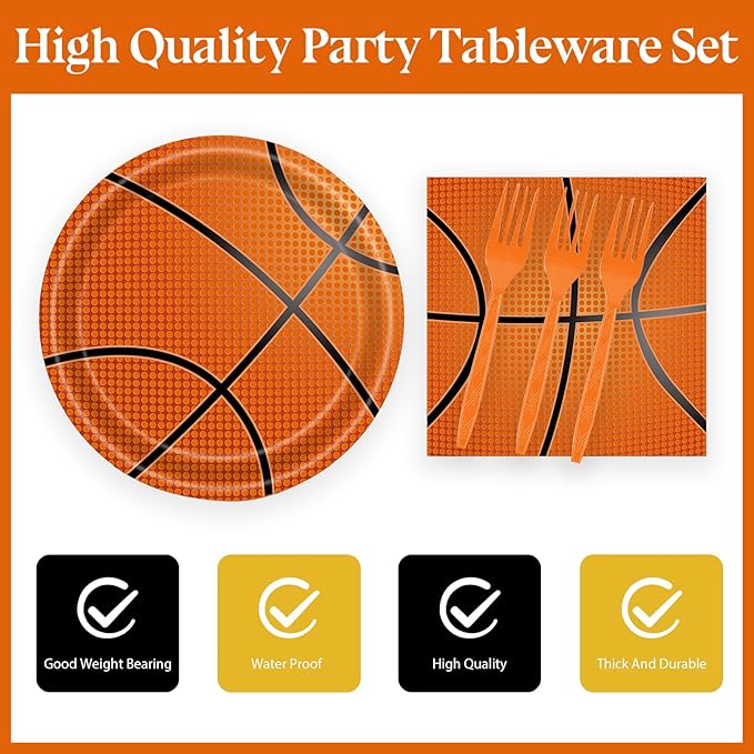 72 Pcs Basketball Paper Plates and Napkins - Disposable Party Plates and Napkins Tableware Set for Sports Birthday Party, Baby Shower - Serves 24
