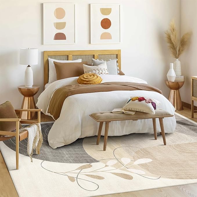 MUJOO Washable 8x10 Area Rugs for Living Room Bedroom Dining Room Large Boho Non Slip Carpet Indoor Mid Century Modern Abstract Botanical Geometric Neutral Beige