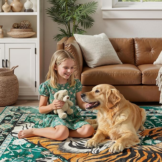 DCX Washable 5x7 Tiger Area Rug, Green Vintage Animal Rug for Living Room, Soft Low Pile Carpet, Kid & Pet Friendly with Rubber Back Non Slip, Tiger Rug for Bedroom Dining Room Office
