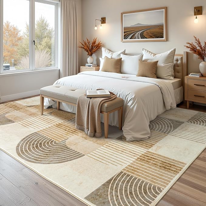 8x10 Area Rugs for Living Room-Washable Modern Geometric Neutral Beige Rug, Soft Non-Slip Indoor Floor Abstract Carpet for Bedroom Dining Room Nursery Office Home Decor