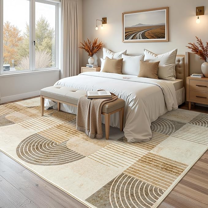 Area Rugs 9x12 Living Room-Washable Modern Geometric Neutral Beige Rug for Bedroom, Non-Slip Indoor Floor Abstract Carpet for Dining Room Nursery Office Home Decor