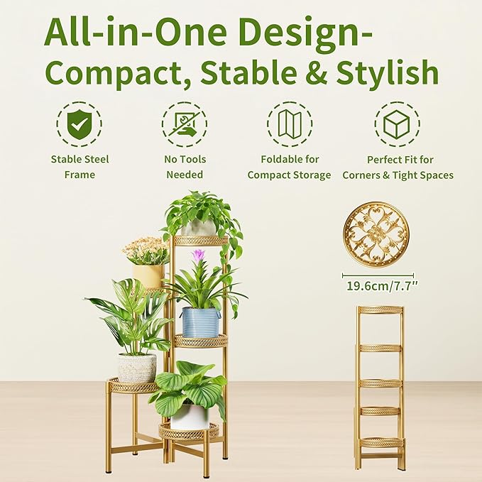 Gold Plant Stand Indoor Outdoor, Corner Metal Flower Pot Stands for Multiple Plants, 5 Tier Heavy Duty Plant Shelf for Patio Garden Balcony Living Room Bedroom - GoldWave