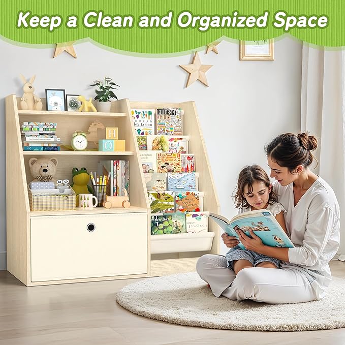 TOETOL Kids Bookshelf & Book Storage，6 Sling Wooden Toddler Book Shelf，3-Tier Wooden Open Bookcase & Storage Organizer Boxes for Nursery, Playroom, Bedroom