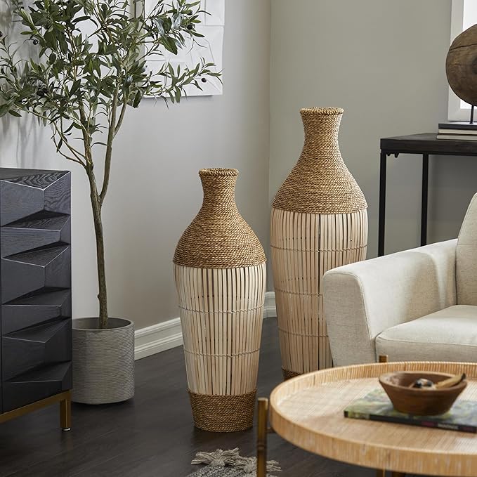 Deco 79 Seagrass Handmade Decorative Vase Wrapped Tall Centerpiece Vase with Cream Slatted Bamboo Center, Vase for Home Decoration 11" x 11" x 32", Brown