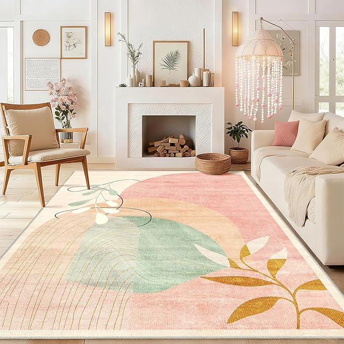 MUJOO Washable 8x10 Area Rugs for Living Room Bedroom Dining Room Large Boho Non Slip Carpet Indoor Mid Century Modern Abstract Botanical Geometric Pink