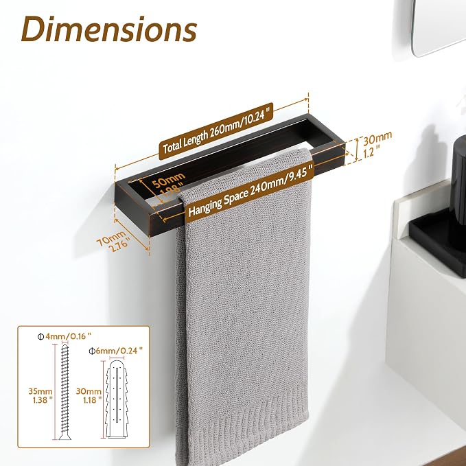Sayayo Oil Rubbed Bronze Towel Bar for Bathroom, 10 Inch Hand Towel Holder Wall Mount Square Towel Ring SUS304 Stainless Steel Towel Rack