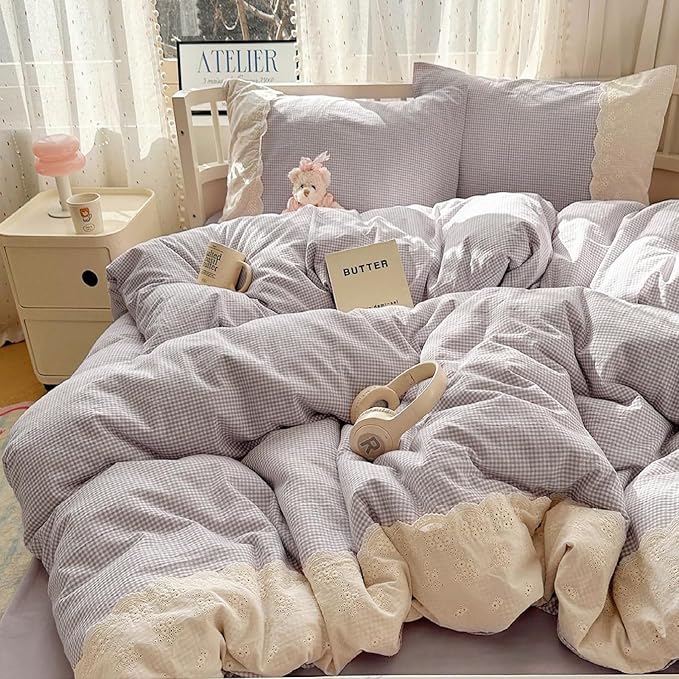 LifeTB Purple Gingham Comforter Set King 3 Pieces Purple Grid Bedding Comforter with Romantic White Lace Fluffy Soft Microfiber Farmhouse Gingham Bedding Set Vintage Plaid Checkered Comforter Set