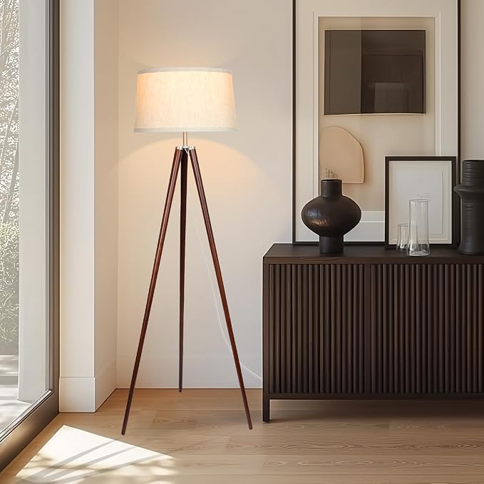 Brightech Emma LED Floor Lamp, Tall Lamp with Wood Legs, Mid-Century Modern Standing Lamp for Bedroom Reading, Tripod Lamp for Living Rooms & Offices, Great Living Room Decor - Walnut Brown