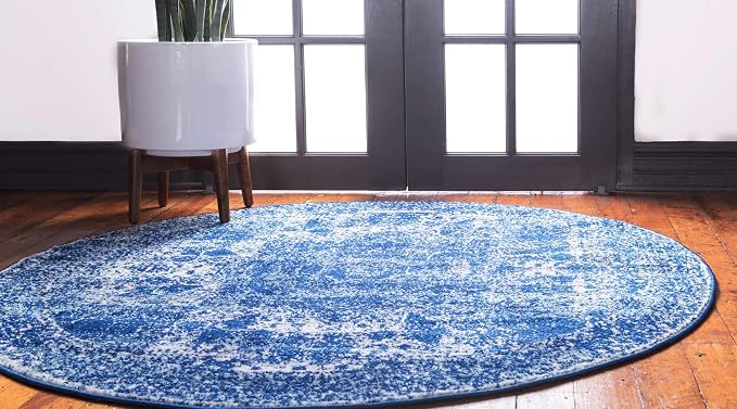 Unique Loom Bromley Collection Area Rug - Wells (3' Round, Navy Blue/ Ivory)