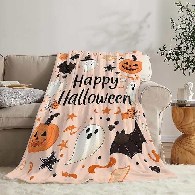Happy Halloween Blanket Pumpkin Throw Blanket Pink Cute Bat Ghost Soft Cozy Fleece Fuzzy Stuffed Plush Flannel Gifts for Girls Women Boys Kids Adults 40''x50''